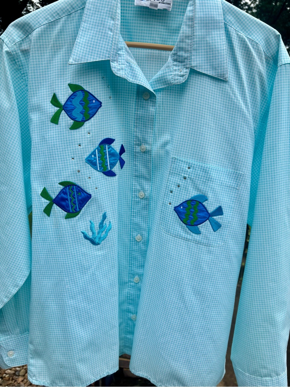 Light Blue Button-Up Shirt with Blue & Green Fish Appliqués